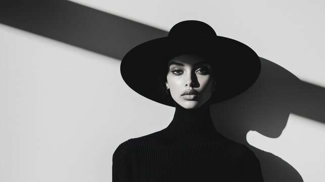 Fototapeta black and white portrait of a woman in black clothes on a monochrome background. Stylish woman dressed in black on a minimalistic background