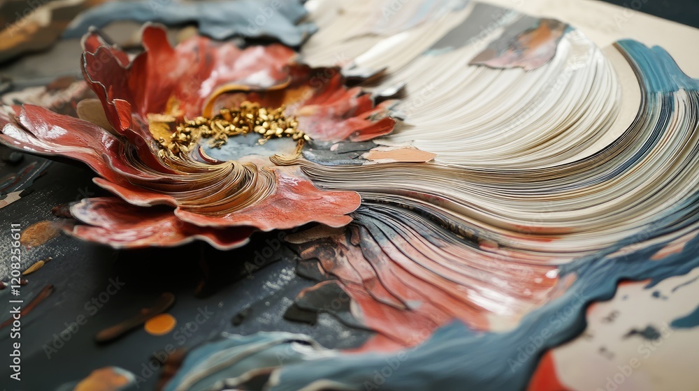Poster textured floral art close-up showcasing intricate paper layers and rich color gradients in a strikin