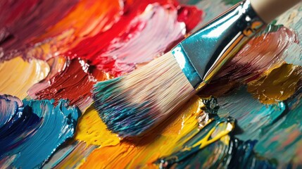 Obraz premium Closeup of paintbrush bristles mixing vibrant colors on an artist's canvas showcasing artistic creativity and texture in painting.