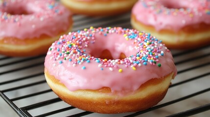 Delicious Pink Frosted Donuts with Colorful Sprinkles on a Cooling Rack in a Bakery Setting