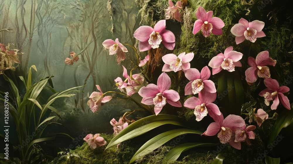 Poster vibrant pink orchids in a lush forest setting with soft lighting and rich greenery for a serene and 