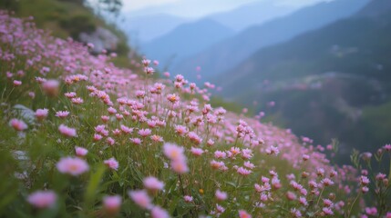 Obraz premium Vibrant pink wildflowers blooming in a picturesque mountain landscape during spring season.