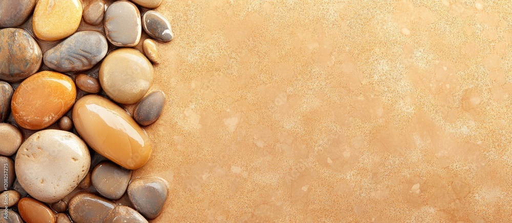 Poster smooth pebbles arranged on warm beige skin texture background providing serene atmosphere with ample