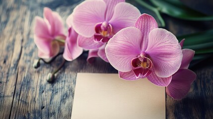 Delicate pink orchids with a blank note on rustic wooden background ideal for invitations or personal messages