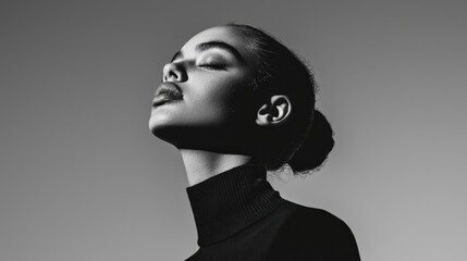 black and white portrait of a woman in black clothes on a monochrome background. Stylish woman dressed in black on a minimalistic background