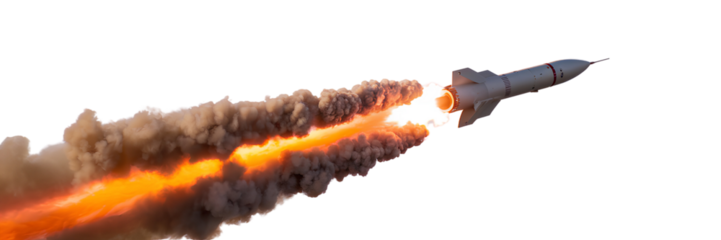 A rocket missile with its propulsion smoke in mid-air on a transparent background
