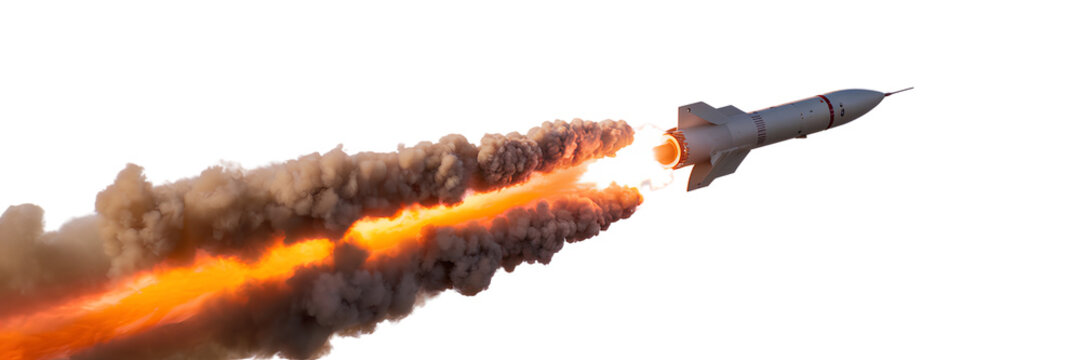 A rocket missile with its propulsion smoke in mid-air on a transparent background