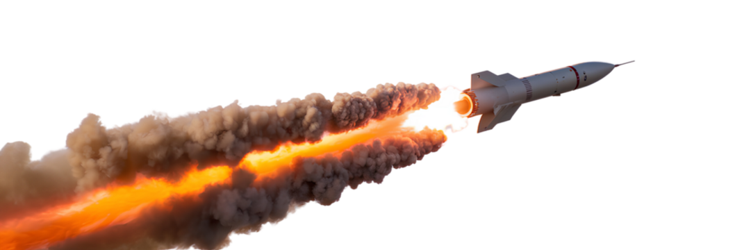 A rocket missile with its propulsion smoke in mid-air on a transparent background