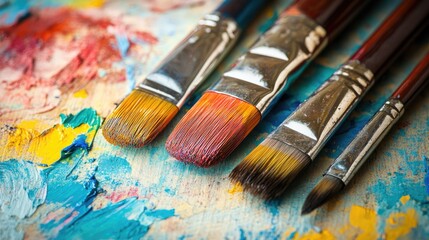 Fototapeta premium Paint brushes with vibrant colors on textured canvas background for artistic inspiration and creativity in painting and crafts