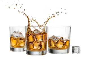 Glasses shot of tequila making toast with splash isolated on trasparent or white background, png