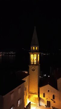 Drone capture of Budva old town, St Johns Church, and the Adriatic horizon
