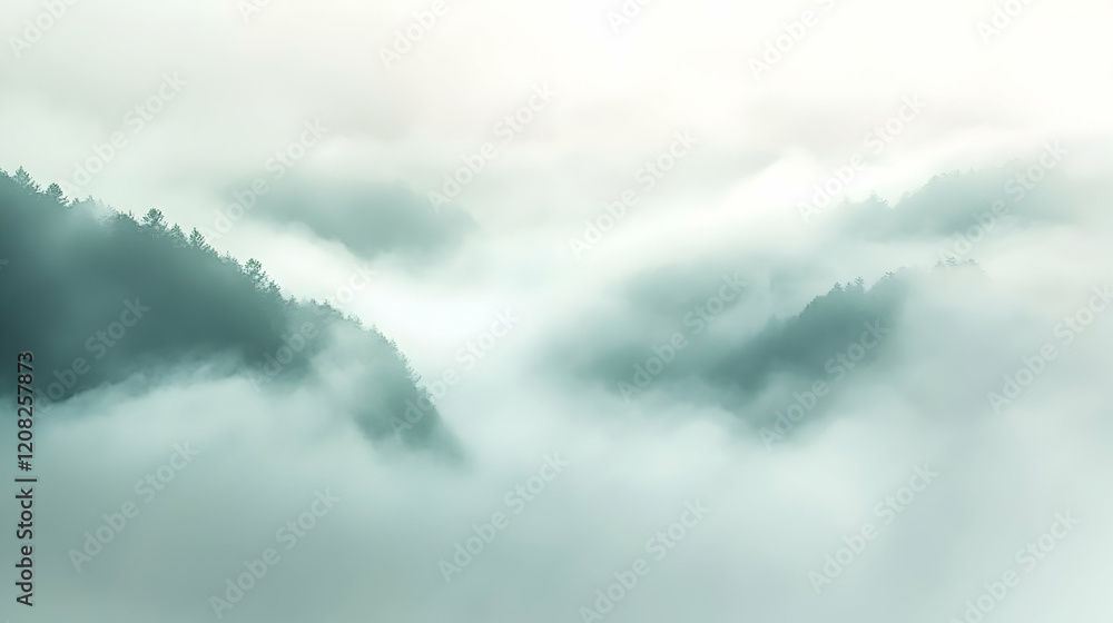 Poster fog spreading naturally across a muted sage and gray background, with diffused lighting to maintain 