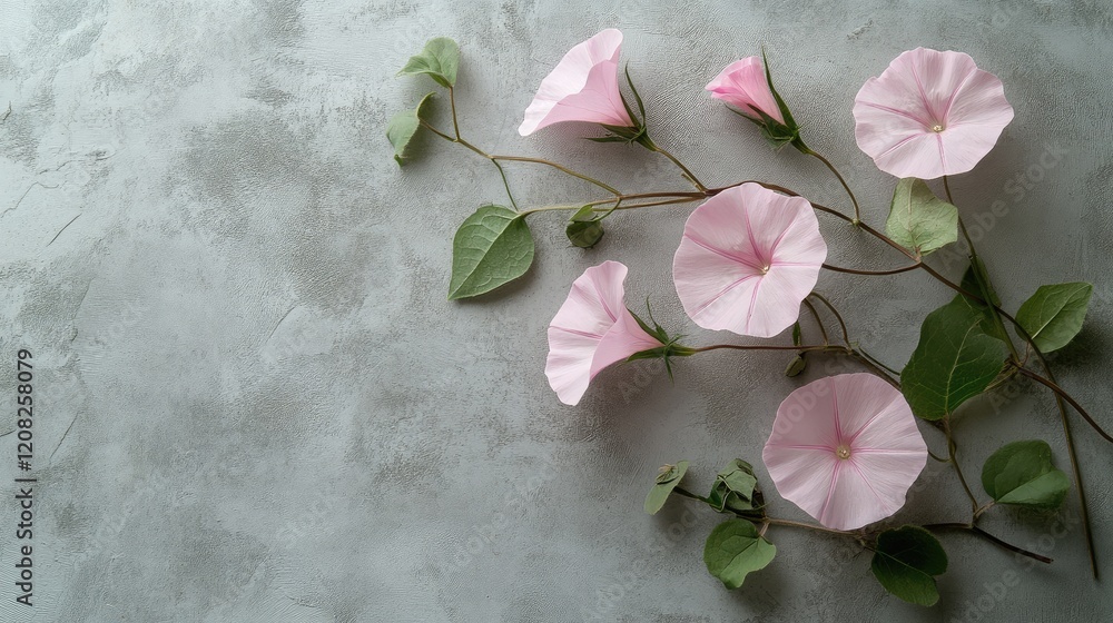 Poster delicate pink bindweed flowers arranged elegantly on a minimalist gray surface creating a serene and