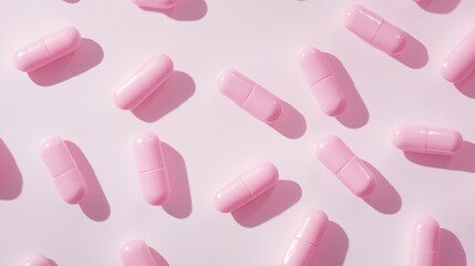 pink pill capsules scattered on a white background representing health and wellness in a pharmaceutical context