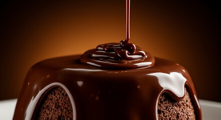Obraz premium Round dark delicious chocolate cake with rich melted sauce pouring over its smooth surface, creating a decadent glossy texture, concept for dessert menus, confectionery advertisements and sweet treat