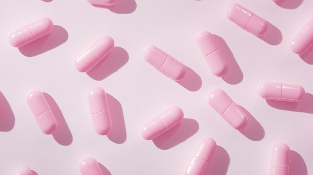 pink pill capsules scattered on a white background representing health and wellness in a pharmaceutical context