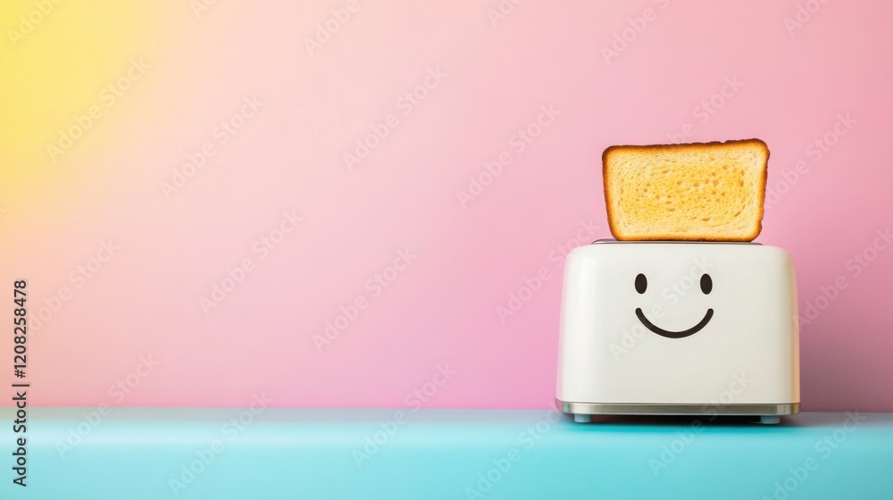 Poster a quirky toaster on a bright, colorful surface, with a slice of toast showing a smiley face burned i