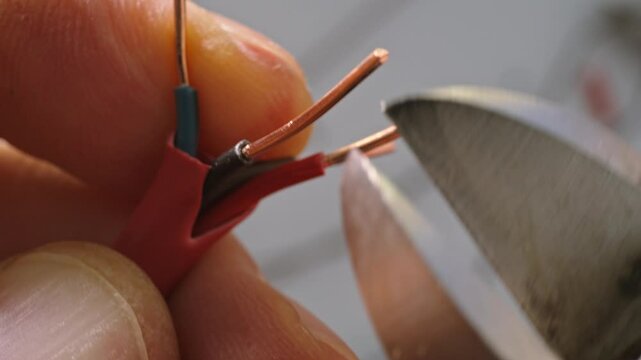 Low-current copper wires are cut with wire cutters. Preparing wire connections for low-current networks.Close-up.