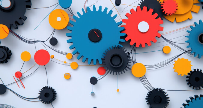 A composition of variously colored gears and circular shapes interconnect through thin lines, showcasing a blend of mechanics and modern artistry in a playful arrangement.