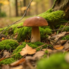 Fototapeta premium Mushroom in forest, earthy and natural, surrounded by moss and fallen leaves, autumn scenery, copy space