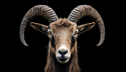 Fototapeta premium Photograph of a goat with long, curved horns and brown fur on the face, looking at the camera against a green background.