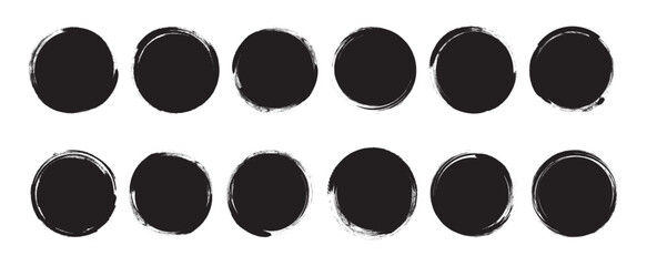 Paint brush blob, circle shape, round chalk bubble, charcoal button, ink stain, grunge edge border hand drawn, black round spot isolated on white background. Abstract vector illustration