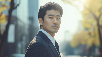 Confident businessman in stylish corporate attire, posing outdoors against a city background with autumn foliage, showcasing a thoughtful expression and strong presence, embodying leadership qualities