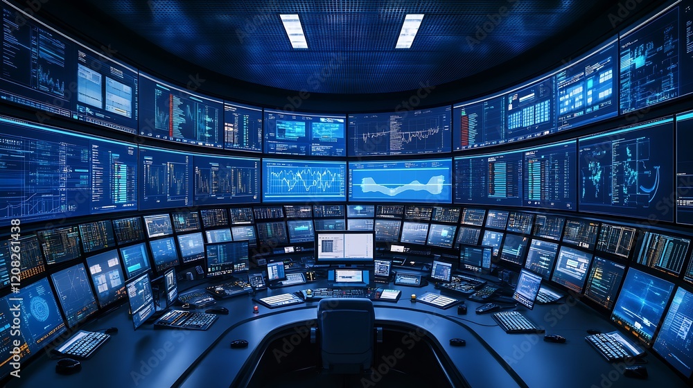 Aufkleber Futuristic Trading Room with Data Analysis on Multiple Monitors : Generative AI