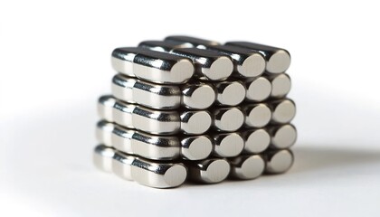 A stack of small, round, powerful, silver-shaded, strong magnets on a white background.