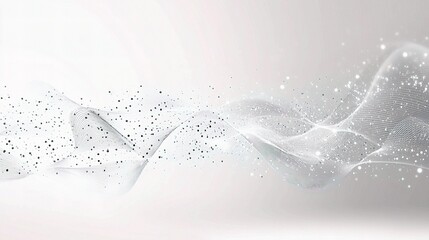 Silver Sparkle Wave: An elegant, abstract wave of shimmering silver particles dances across a soft, light gray background, creating a sense of ethereal movement and subtle luminosity. 
