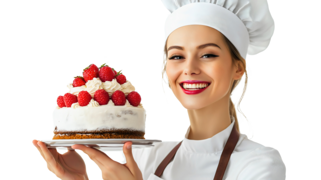 Smiling Female Chef Decorating a Delicious, Handcrafted Cake with Fresh Berries and Whipped Cream, Creating an Elegant and Joyful Holiday Dessert Perfect for Celebrations and Special Occasions