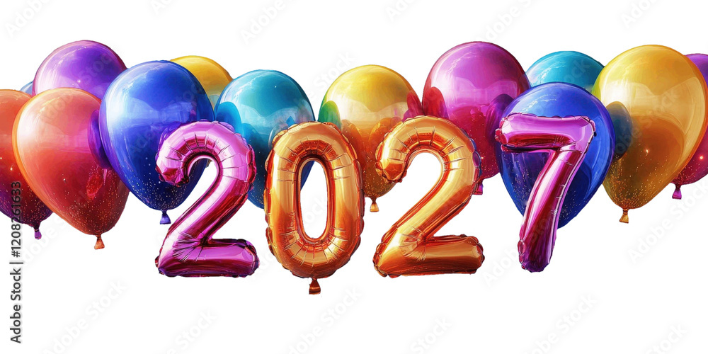 Poster brightly colored balloons form the year 2027, creating a joyful atmosphere perfect for a celebration
