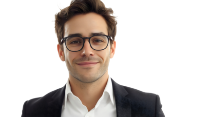 Confident Young Man in Business Casual Attire with Glasses, Smiling and Looking at the Camera in a Relaxed Studio Portrait, Exuding Professionalism and a Positive, Approachable Demeanor