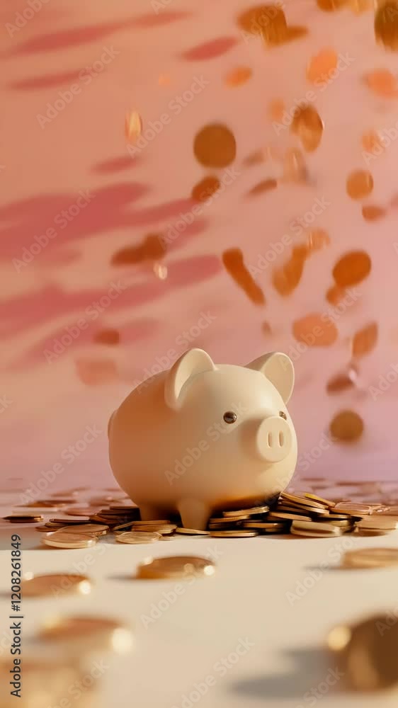 Poster golden coins are raining down and accumulating around a piggy bank, representing the concepts of sav