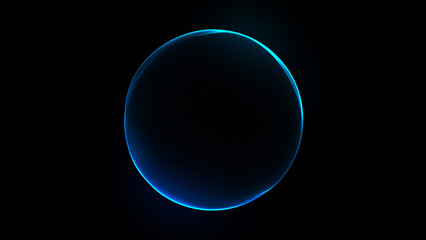 Blue futuristic technology 3d sphere. Abstract sphere of light blue particles, lines, and dots. Glowing energy orb and ball. Big data, artificial intelligence, future technology. 