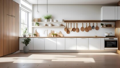 Scandinavian-inspired kitchen with white cabinets, wooden accents, and a spacious layout