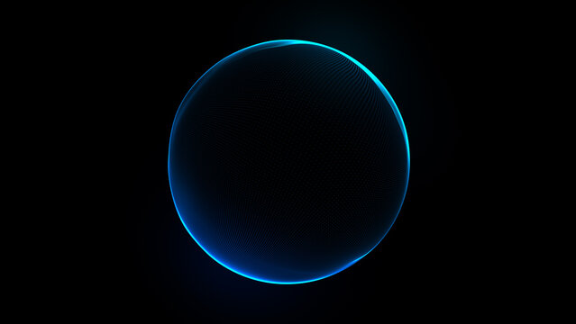 Blue futuristic technology 3d sphere. Abstract sphere of light blue particles, lines, and dots. Glowing energy orb and ball. Big data, artificial intelligence, future technology. 