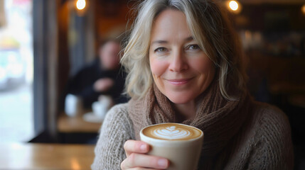 Beautiful woman smiling and enjoying a latte in a cozy café close-up portrait capturing the warmth and relaxation of a joyful coffee moment with latte art and a cozy autumn vibe