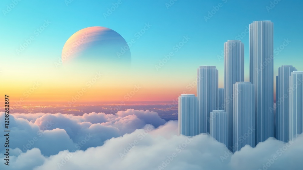 Poster futuristic realms where cities float in the clouds and strange planets are visible on the horizon