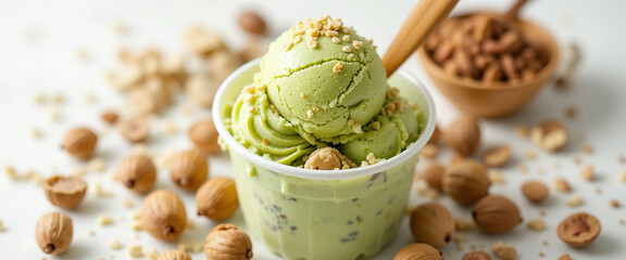 closeup photo of pistachio ice cream cup with copy space 