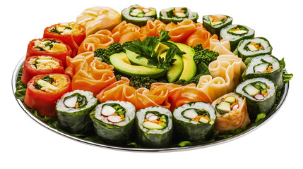 A beautifully presented sushi platter featuring a variety of fresh rolls, garnishes, and colorful ingredients like salmon, avocado, and vegetables, perfect for an upscale dining experience
