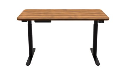 A sleek, modern wooden desk with black legs, featuring ergonomic design and a minimalist style, perfect for a professional workspace or home office setup