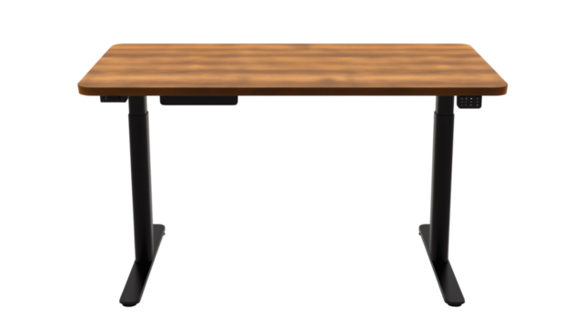 A sleek, modern wooden desk with black legs, featuring ergonomic design and a minimalist style, perfect for a professional workspace or home office setup