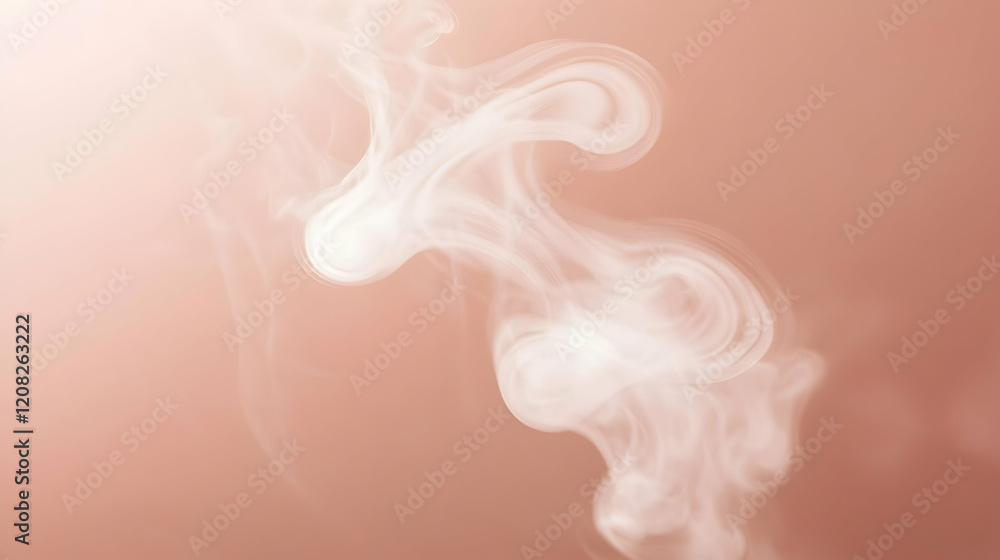 Poster steam swirling dynamically into soft curls against a muted light apricot backdrop, evenly lit for de