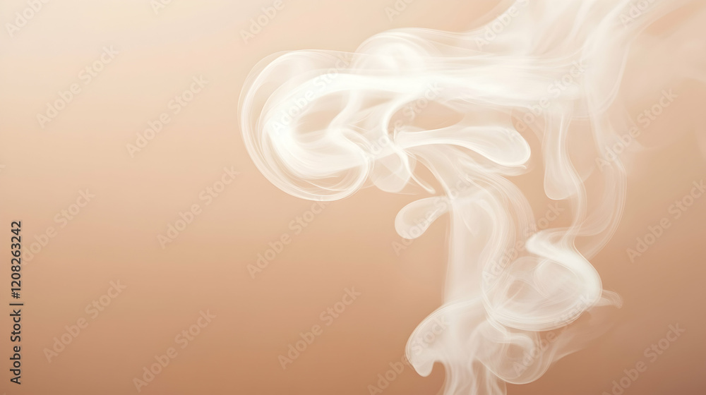 Poster steam swirling dynamically into soft curls against a muted light apricot backdrop, evenly lit for de