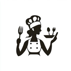 Female chef holding cutlery with apron, cooking concept, solid white background
