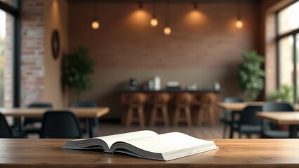 Softcover Magazine Mockup,  Bright cafe with brick walls rustic table with softcover magazine mockup photorealistic.