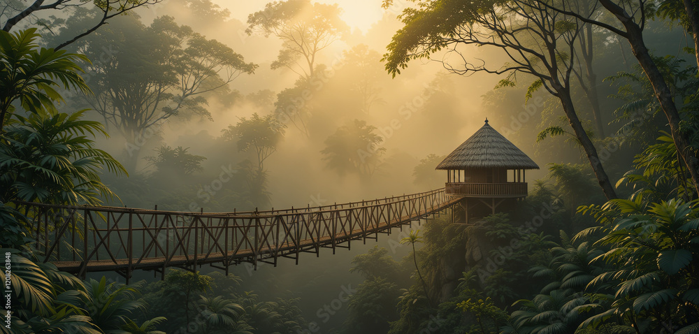 Poster a wooden bridge extends into a treehouse situated amidst lush greenery. soft morning light filters t