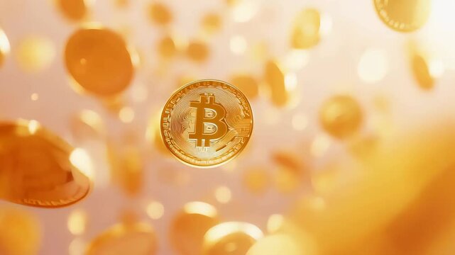 Falling gold coins featuring the bitcoin logo symbolize the vibrant landscape of cryptocurrency investment and finance, capturing the essence of digital currency's dynamic evolution