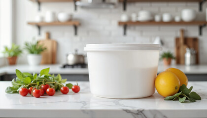 White plastic food container with fresh vegetables on kitchen counter, healthy lifestyle